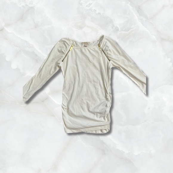 White Long Sleeve Blouse with Golden Zippers and Ruffled Sides - Picture 1 of 5